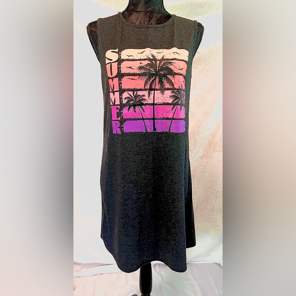 Black Sleeveless Dress with Pink and Purple Palm Tree Design